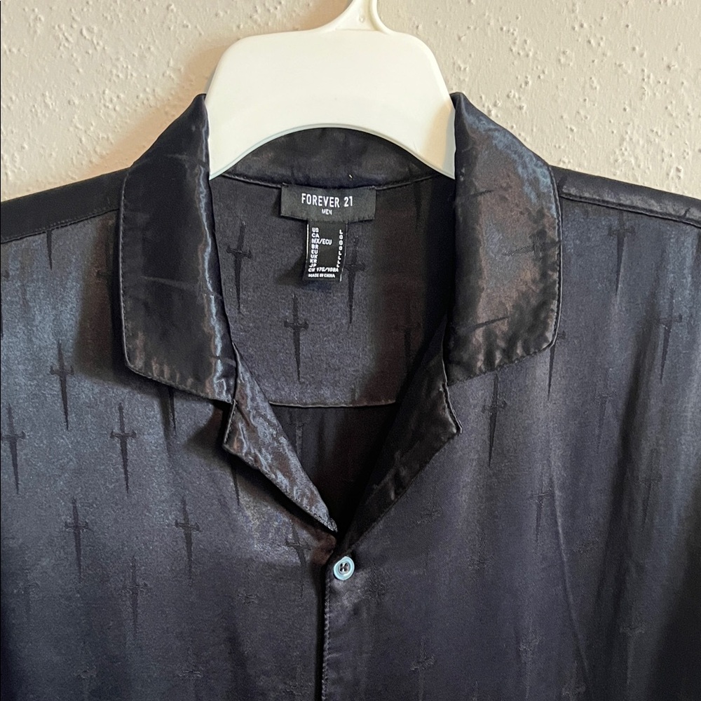 Forever 21 Black Satin Shirt with Subtle Cross Motif